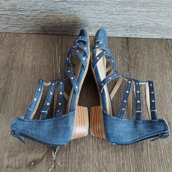 Seychelles Girls Strappy Stud Heel Sandals Back Zip Jean Blue Vegan Size 12 - Picture 4 of 7
